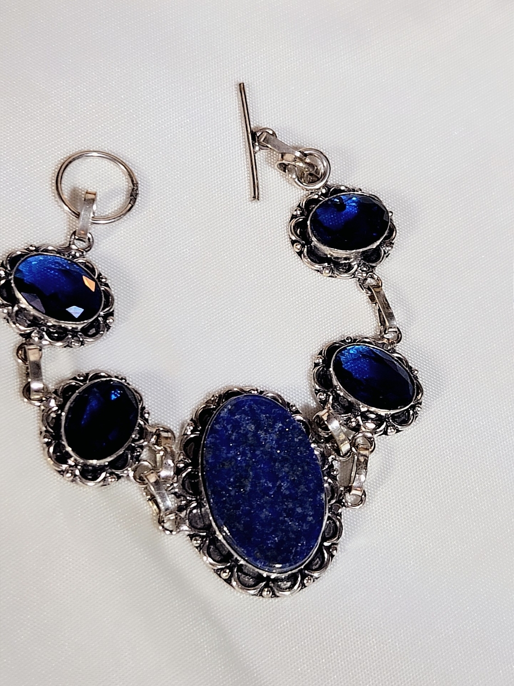 Silver-Tone Lapis Blue Stone Link Bracelet - Deep Blue